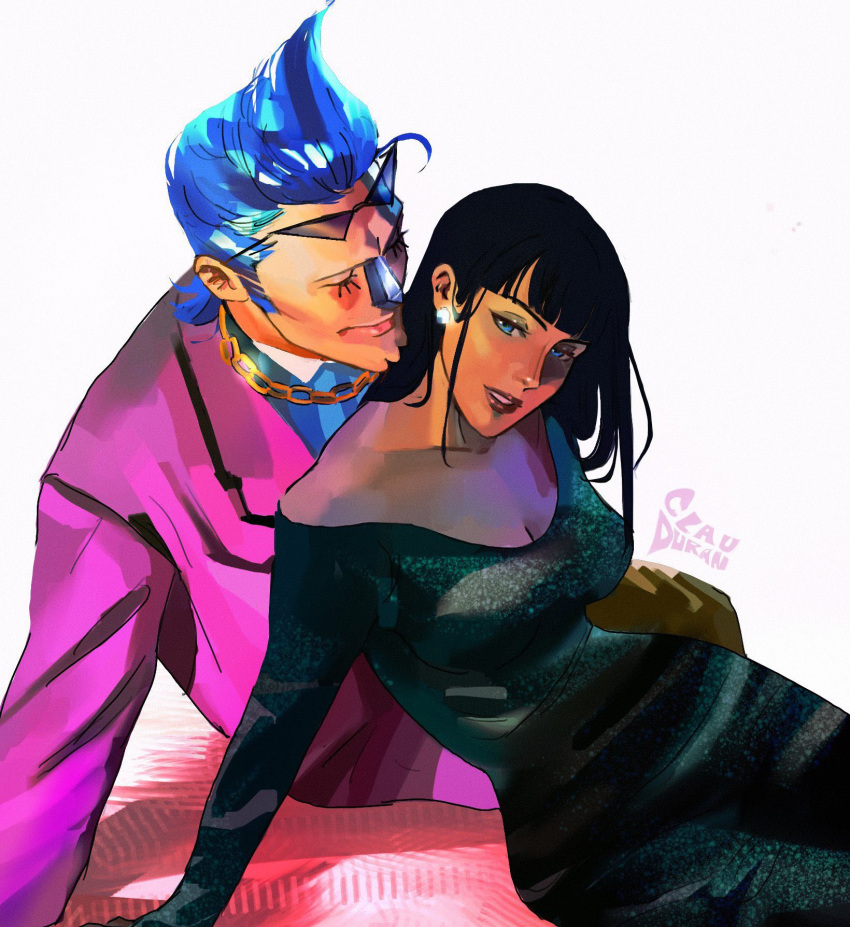 1boy 1girl alternate_costume artist_name black_hair blue_eyes blue_hair chain chain_necklace clauduranart dress earrings eyewear_on_head formal franky_(one_piece) green_dress highres jewelry lipstick long_hair makeup necklace nico_robin one_piece short_hair smile spiked_hair suit sunglasses