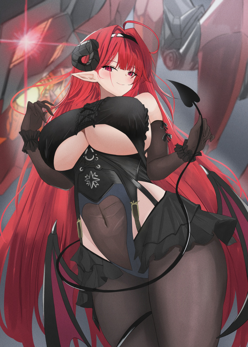 1girl absurdres ahoge azur_lane bare_shoulders black_gloves black_headband black_horns breasts clothing_cutout commentary_request curled_horns demon_girl demon_wings elbow_gloves frilled_gloves frills gloves headband highres hindenburg_(azur_lane) horns large_breasts long_hair looking_at_viewer non-humanoid_robot pantyhose pointy_ears red_eyes red_hair robot robot_dragon smile solo soul_(dp11) underboob underboob_cutout very_long_hair wings