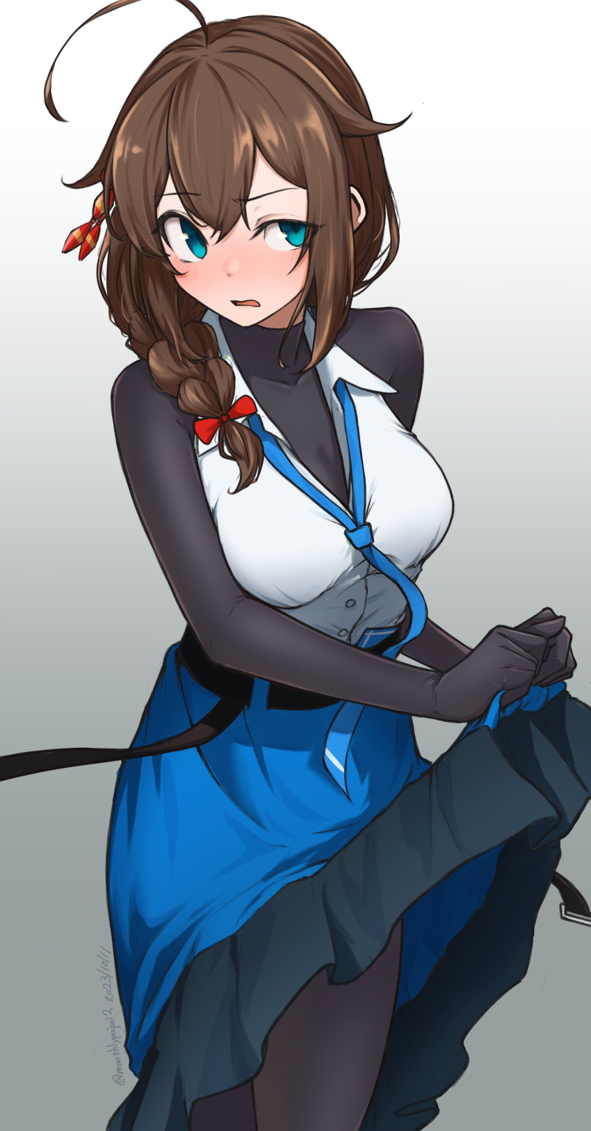 1girl absurdres ahoge black_bodysuit blue_eyes blush bodysuit braid breasts brown_hair clothes_lift gradient_background grey_background hair_flaps hair_ornament hair_over_one_eye hair_over_shoulder hair_ribbon highres kantai_collection lifted_by_self long_hair medium_breasts open_mouth red_ribbon ribbon shigure_(kancolle) shigure_kai_ni_(kancolle) shirt simple_background single_braid skirt skirt_lift sleeveless sleeveless_shirt solo umibudou white_background white_shirt