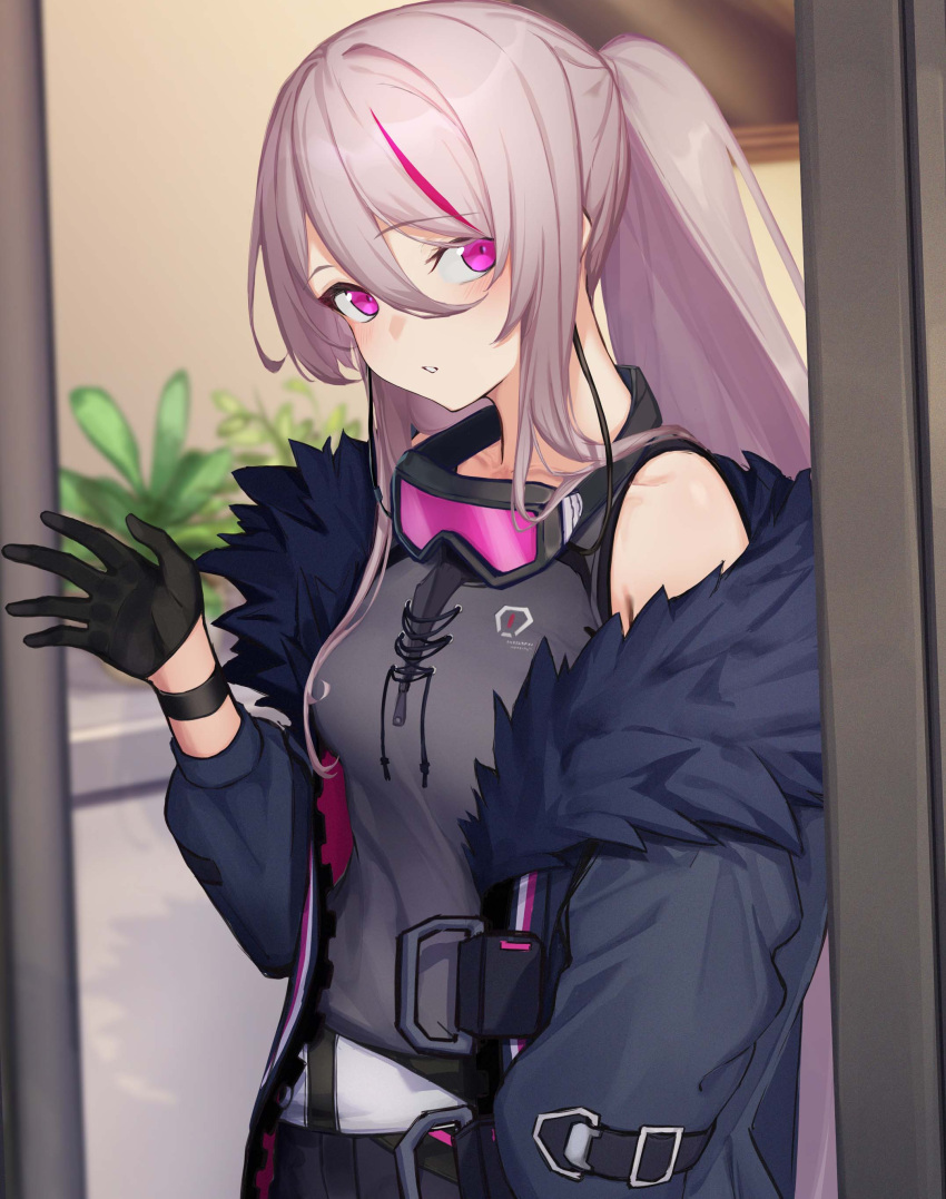 1girl 3_small_spiders absurdres black_gloves breasts coat commission doorway feather-trimmed_coat girls'_frontline gloves goggles goggles_around_neck grey_coat grey_hair grey_tank_top highres long_hair looking_at_viewer medium_breasts multicolored_hair multiple_straps off_shoulder open_clothes open_coat ponytail purple_eyes purple_hair sidelocks single_glove skeb_commission solo streaked_hair t-cms_(girls'_frontline) tank_top tinted_eyewear truvelo_cms waving wristband