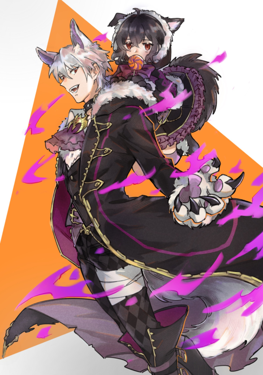 1boy 1girl ahoge alternate_costume animal_ears animal_hands black_choker black_dress black_hair black_pants black_robe blush candy choker corruption dress eyes_of_grima family fangs father_and_daughter fire_emblem fire_emblem_awakening fire_emblem_heroes food fur_trim gloves hair_between_eyes halloween_costume highres holding holding_candy holding_food holding_lollipop hood hood_down hooded_coat lollipop looking_at_viewer morgan_(female)_(fire_emblem) morgan_(fire_emblem) official_alternate_costume open_clothes open_mouth open_robe pants paw_gloves pointy_ears possessed queqiansuzume red_eyes robe robin_(fire_emblem) robin_(male)_(fire_emblem) robin_(male)_(halloween)_(fire_emblem) short_hair simple_background smile tail white_hair wolf_ears wolf_tail