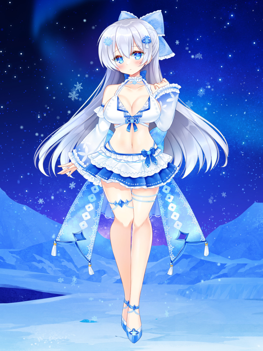 1girl bare_shoulders bikini blue_bow blue_eyes blue_footwear blue_skirt blush bow breasts cleavage closed_mouth copyright_request detached_sleeves frilled_sleeves frills grey_hair hair_between_eyes hair_bow hand_up highres large_breasts long_sleeves navel night night_sky official_art outdoors pleated_skirt shikito shoes skirt sky sleeves_past_wrists snowflakes solo star_(sky) starry_sky swimsuit white_bikini white_sleeves