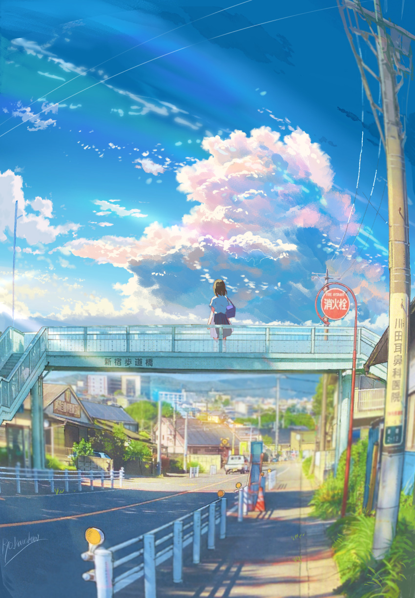 1girl absurdres bag blue_skirt blue_sky blurry blurry_background bridge brown_hair building car city cityscape cloud commentary_request cumulonimbus_cloud from_behind grass highres kneehighs medium_hair motor_vehicle mountainous_horizon original pleated_skirt power_lines railing road ryowelcome1 scenery school_bag shirt short_sleeves sidewalk signature skirt sky socks solo standing traffic_cone translation_request utility_pole white_shirt white_socks wide_shot