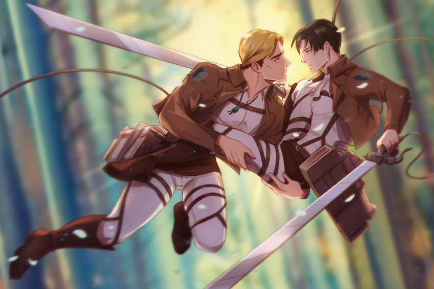 2boys ascot black_hair blonde_hair brown_footwear brown_jacket cheekbones english_commentary erwin_smith eye_contact floating gravesecrets holding holding_weapon jacket large_pectorals levi_(shingeki_no_kyojin) long_sleeves looking_at_another male_focus multiple_boys pants paradis_military_uniform pectorals petals shingeki_no_kyojin shirt short_hair survey_corps_(emblem) three-dimensional_maneuver_gear toned toned_male weapon white_ascot white_pants white_shirt yaoi