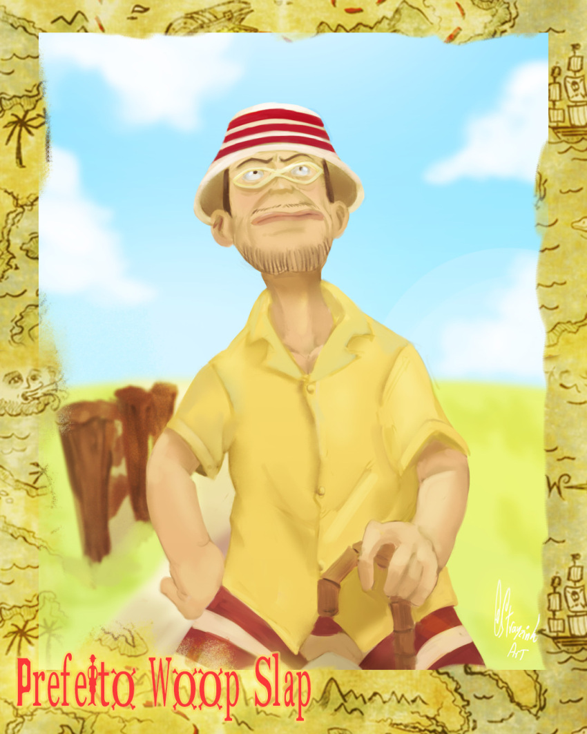 1boy border brown_hair cane character_name closed_mouth cloud cloudy_sky day facial_hair glasses hat highres holding holding_cane looking_up one_piece ship shirt short_hair short_sleeves sky solo stick strayzinho striped striped_headwear watercraft woop_slap yellow_shirt