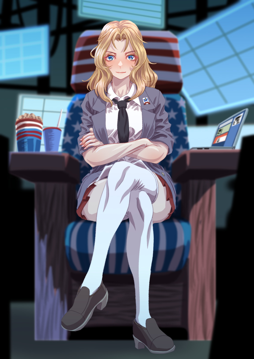 1girl armchair black_footwear black_necktie blazer blonde_hair blue_eyes blurry blurry_background chair closed_mouth commentary computer crossed_arms crossed_legs cup depth_of_field disposable_cup dress_shirt emblem girls_und_panzer grey_jacket highres indoors jacket kay_(girls_und_panzer) laptop loafers long_sleeves looking_at_viewer medium_hair miniskirt necktie on_chair open_clothes open_jacket pleated_skirt red_skirt saunders_(emblem) saunders_school_uniform school_uniform shirt shoes sitting skirt sleeves_rolled_up smile solo thighhighs tigern_(tigern28502735) white_shirt white_thighhighs wing_collar