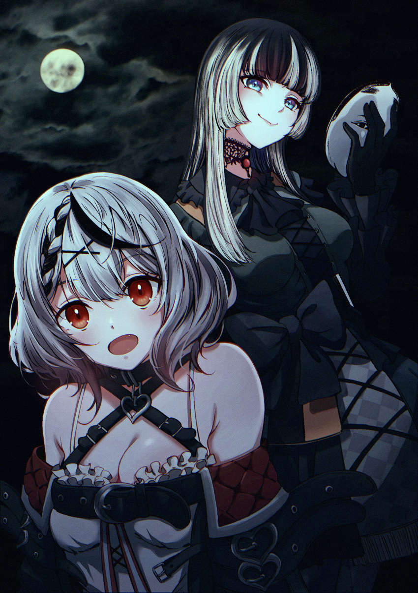 1girl 2girls absurdres belt_collar black_choker black_collar black_dress black_gloves black_hair black_jacket black_sky blue_eyes blunt_bangs braid braided_bangs breasts camisole chest_belt choker cleavage collar dress gloves grey_hair hair_ornament highres holding holding_mask hololive jacket juufuutei_raden lace-trimmed_choker lace_trim large_breasts looking_at_viewer mask moon mtoan multiple_girls night night_sky open_mouth red_eyes red_jacket sakamata_chloe sakamata_chloe_(1st_costume) sidelocks sky smile two-sided_fabric two-sided_jacket virtual_youtuber white_camisole white_hair x_hair_ornament