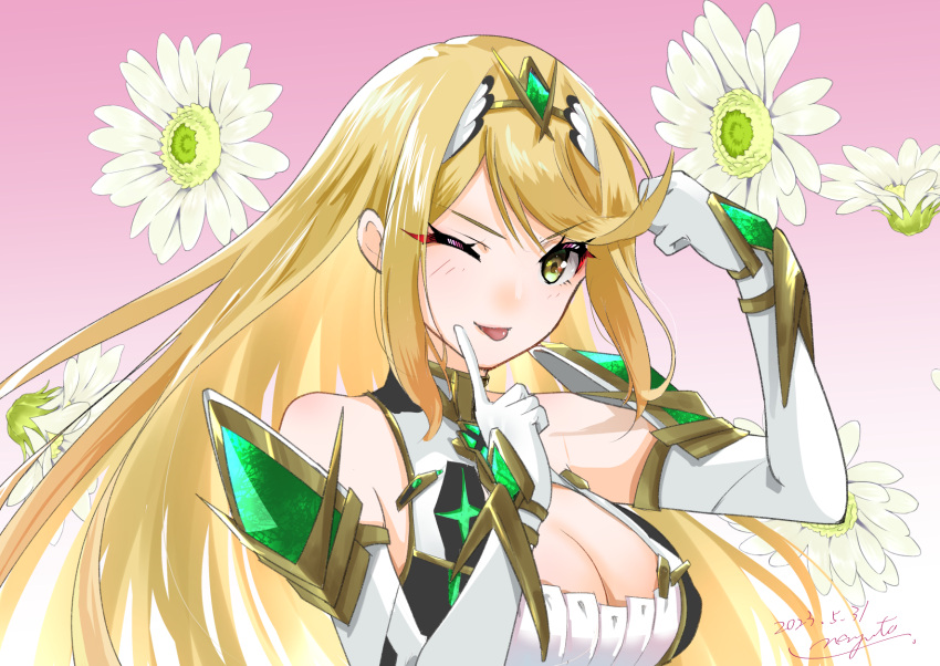 1girl ;p arm_up bare_shoulders blonde_hair breasts cleavage dated dress elbow_gloves flower gloves gradient_background hand_up headpiece highres index_finger_raised large_breasts long_hair mythra_(xenoblade) nayuta-kanata one_eye_closed pink_background signature sleeveless sleeveless_dress solo tongue tongue_out upper_body white_dress white_flower white_gloves xenoblade_chronicles_(series) xenoblade_chronicles_2 yellow_eyes