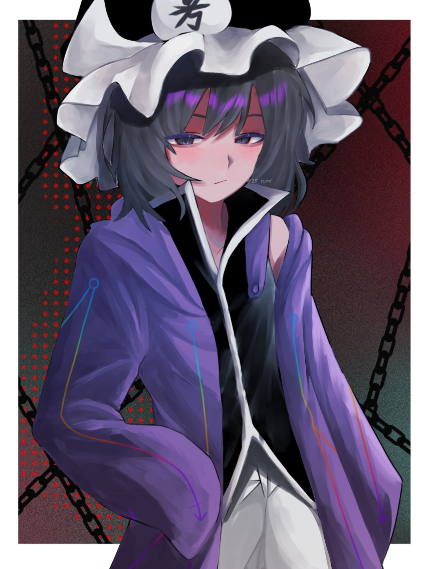 1other 25_tumi androgynous black_hair black_shirt hat highres hood hooded_jacket jacket len'en mob_cap off_shoulder puffy_shorts purple_eyes purple_jacket shirt shitodo_kuroji short_hair shorts solo triangular_headpiece white_shorts wide_sleeves