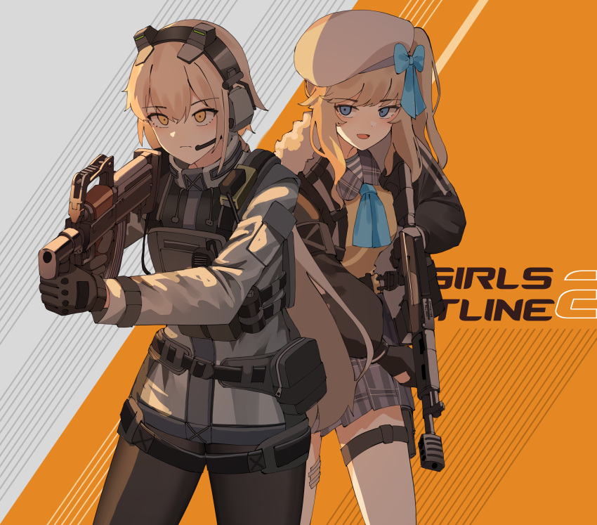 2girls absurdres aiming beret blonde_hair blue_eyes blue_ribbon copyright_name counter-strike_(series) cowboy_shot ear_protection english_commentary frown fur_collar gar32 gauze girls'_frontline girls'_frontline_2:_exilium gloves gun hair_between_eyes hat highres holding holding_gun holding_weapon long_sleeves looking_away magazine_(weapon) multiple_girls muzzle_brake neck_ribbon open_mouth ots-14 ots-14_(girls'_frontline) parody plaid plaid_skirt plate_carrier ribbon shirt short_hair side_ponytail skirt smoke_grenade standing striped striped_shirt tactical_clothes thigh_pouch vepley_(girls'_frontline_2) vepr-12 vertical_foregrip vest weapon white_headwear yellow_eyes yellow_vest