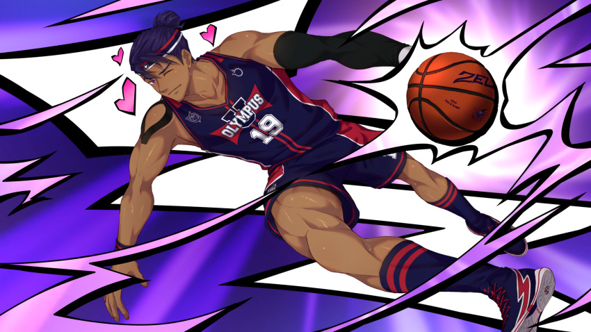 1boy ball basketball_(object) basketball_jersey basketball_uniform blue_footwear blue_shorts blue_socks closed_mouth collaboration dark-skinned_male dark_skin dutch_angle full_body heart highres holding holding_ball jock_studio_(blits_games) looking_at_viewer male_focus mikkoukun non-web_source official_art one_eye_closed purple_background purple_eyes purple_hair shoes shorts smile socks solo sportswear thighs variant_set zamius zayne_alexander