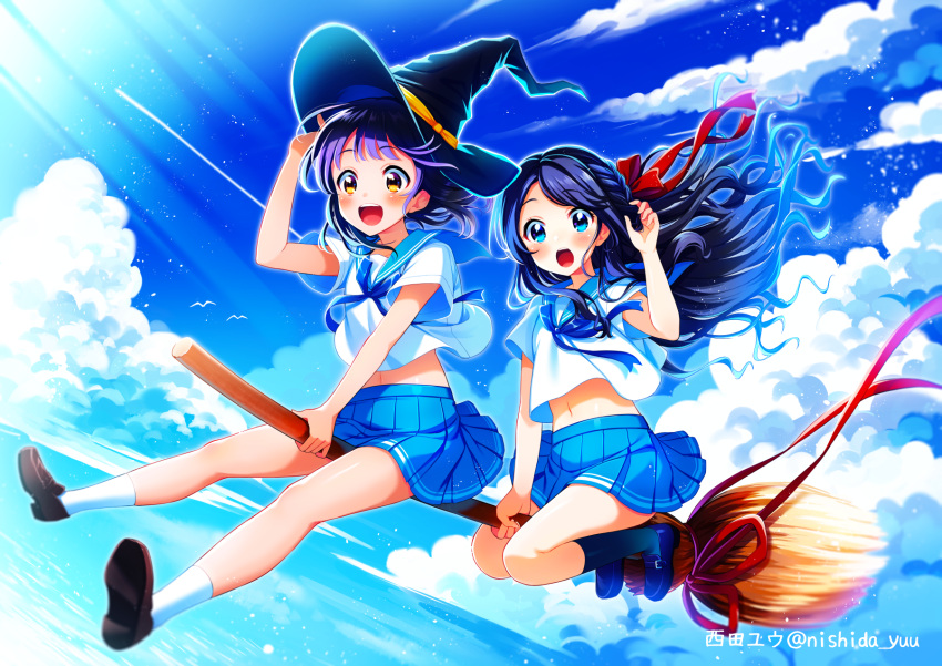 2girls black_hair blue_eyes blue_sky blush broom broom_ribbon broom_riding check_commentary cloud cloudy_sky commentary_request commission day flying hat highres long_hair midriff multiple_girls navel nishida_yuu open_mouth original outdoors pleated_skirt purple_hair ribbon school_uniform serafuku skirt sky summer witch witch_hat yellow_eyes