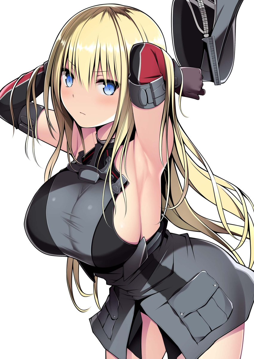1girl absurdres armpits arms_up bare_shoulders bismarck_(kancolle) blonde_hair blue_eyes blush breasts brown_gloves closed_mouth commentary_request cowboy_shot detached_sleeves gloves grey_headwear hair_between_eyes hat hat_removed headwear_removed highres holding holding_clothes holding_hat kantai_collection kuromayu large_breasts long_hair looking_at_viewer military military_hat military_uniform peaked_cap sideboob simple_background solo uniform very_long_hair white_background