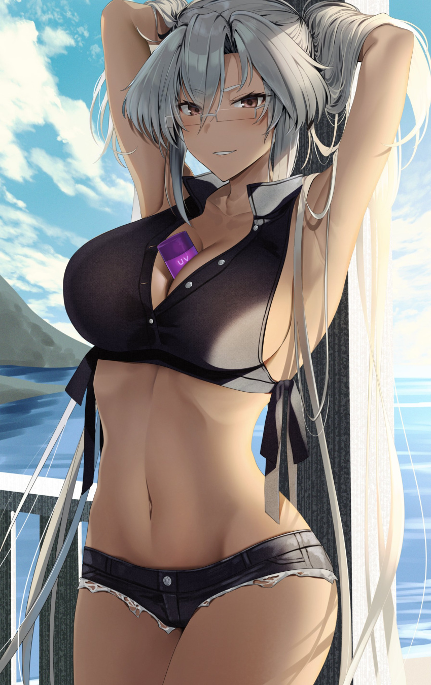 1girl absurdres against_railing alternate_costume armpits arms_up between_breasts bikini black_bikini blue_sky blush breasts brown_eyes cleavage cloud cloudy_sky commentary_request cowboy_shot dark-skinned_female dark_skin denim denim_shorts glasses grey_hair grin hair_between_eyes highres kantai_collection long_hair looking_at_viewer lotion musashi_(kancolle) navel ocean outdoors railing semi-rimless_eyewear shorts sideboob sky smile solo sunscreen swimsuit teeth very_long_hair water yunamaro