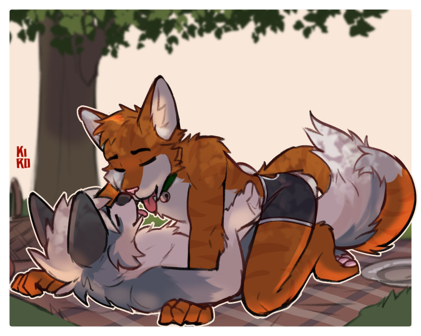 absurd_res anthro canid canine canis clothed clothing collar duo eyes_closed fenneckiro fox hi_res kissing male male/male mammal romantic romantic_couple topless wolf