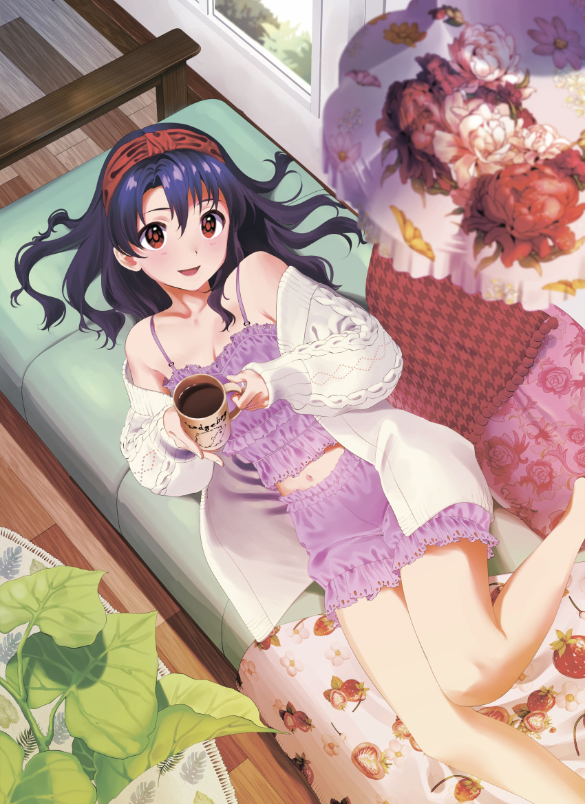 1girl absurdres bare_legs blue_hair blurry breasts camisole cardigan cleavage coffee_mug collarbone cup dark_blue_hair depth_of_field feet_out_of_frame from_above hair_spread_out highres holding holding_cup idolmaster idolmaster_million_live! indoors looking_at_viewer lying midriff mug navel omitsu on_side purple_bloomers purple_camisole red_eyes smile solo takayama_sayoko white_cardigan wooden_floor