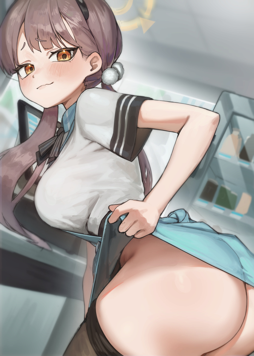 1girl absurdres angel's_24_uniform_(blue_archive) apopo apron ass black_pantyhose blue_apron blue_archive blush breasts closed_mouth clothes_pull halo highres large_breasts light_brown_hair long_hair moe_(blue_archive) pantyhose pantyhose_pull polo_shirt shirt short_sleeves solo twintails white_shirt yellow_eyes yellow_halo