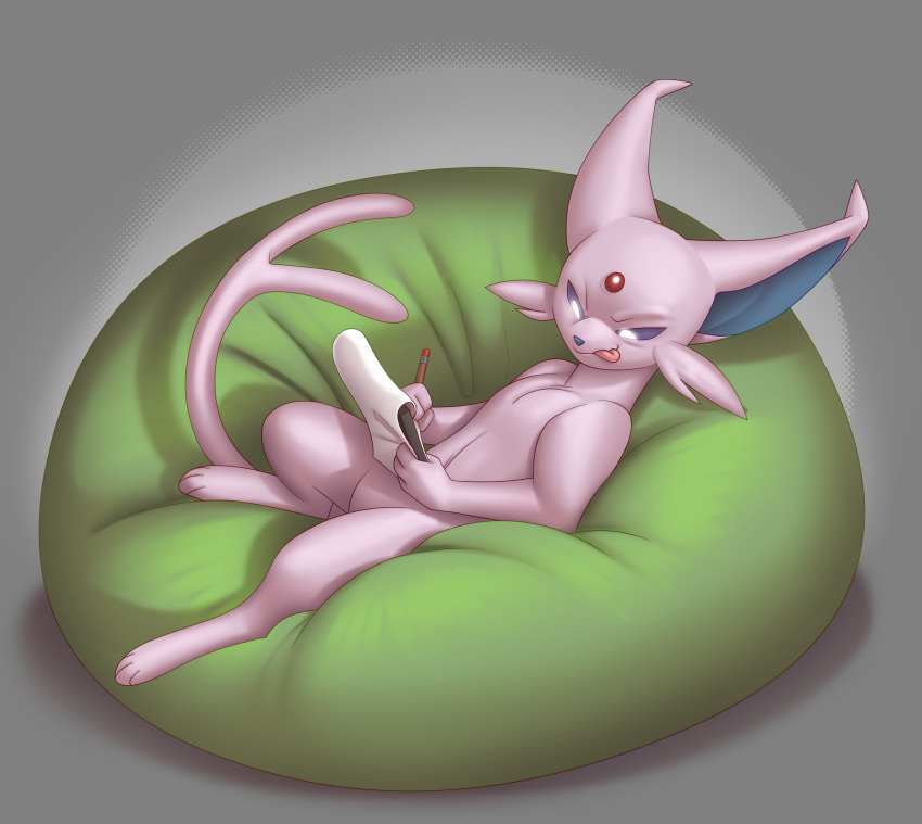 2023 absurd_res anthro bean_bag big_ears concentration cubow digitigrade eeveelution espeon featureless_crotch forehead_gem forked_tail front_view full-length_portrait generation_2_pokemon glowing glowing_eyes grey_background grey_nose hi_res high-angle_view holding_note_pad holding_object holding_pencil looking_down lying male nintendo nude on_back on_bean_bag paws pencil_(object) pokemon pokemon_(species) portrait purple_sclera semi-anthro simple_background solo tail tongue tongue_out unusual_anatomy unusual_tail white_eyes white_glow