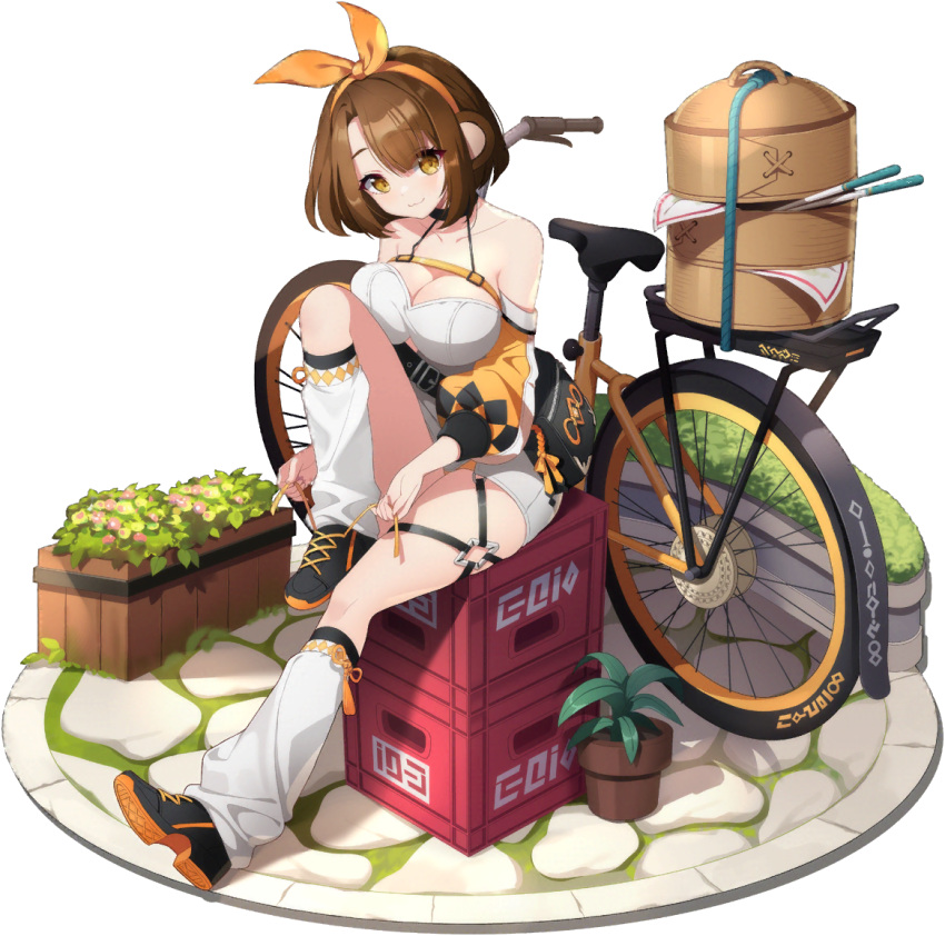 1girl :3 animal_ears antenna_hair artist_request bag bamboo_steamer bare_shoulders belt bicycle black_choker black_footwear breasts brown_eyes brown_hair chest_belt choker chopsticks cleavage clothing_cutout crate detached_sleeves dress eversoul food full_body game_cg hair_ribbon large_breasts looking_at_viewer loose_socks monkey_ears monkey_girl monkey_tail non-web_source official_alternate_costume official_alternate_hairstyle official_art parted_bangs plant potted_plant ribbon shoulder_bag sitting smile socks solo tachi-e tail thigh_strap transparent_background tying_footwear underboob_cutout white_dress xiaolian_(eversoul)