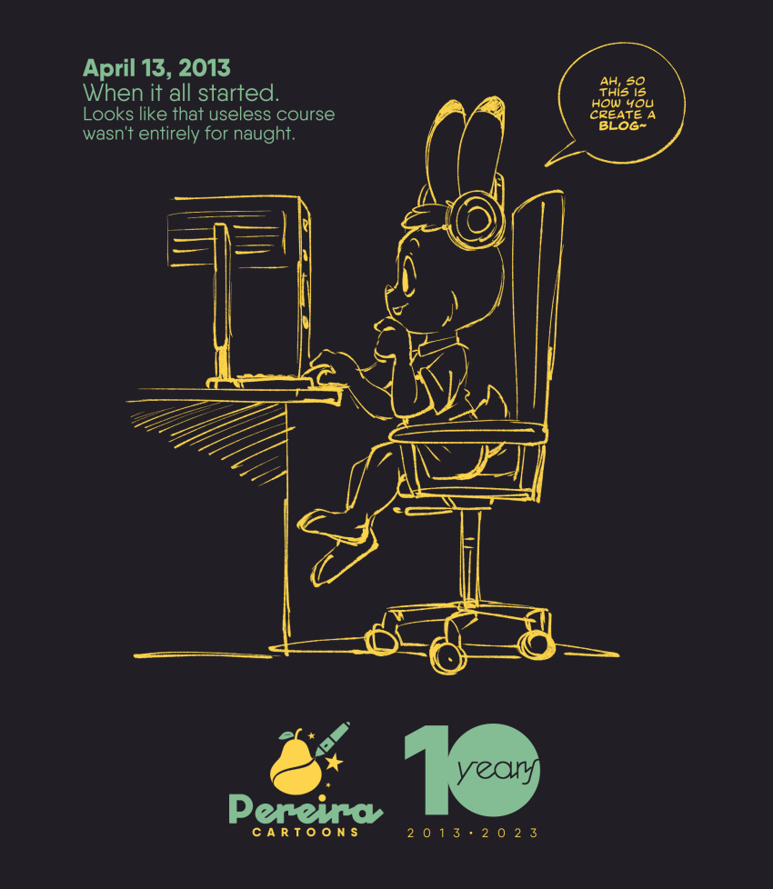 anthro chair clothed clothing computer dialogue english_text furniture hi_res joaoppereiraus lagomorph leporid mammal rabbit sitting solo text