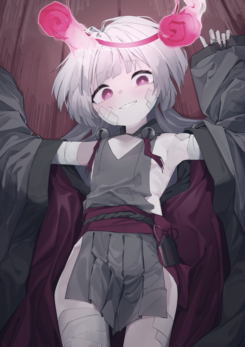 1girl absurdres blue_archive blush breasts cleavage_cutout clothing_cutout detached_sleeves gauze gauze_on_cheek grey_hair grey_kimono grey_sleeves halo highres japanese_clothes kimono long_hair looking_at_viewer lying on_back pink_eyes red_halo shuro_(blue_archive) small_breasts smile solo vivo_(vivo_sun_0222) wide_sleeves