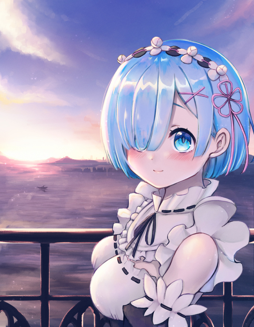 1girl black_ribbon black_sleeves blue_eyes blue_hair blush breasts cloud collar detached_sleeves frilled_collar frills from_side hair_ornament hair_over_one_eye highres horizon large_breasts maid neck_ribbon ocean puffy_detached_sleeves puffy_sleeves railing ramachiru re:zero_kara_hajimeru_isekai_seikatsu rem_(re:zero) ribbon roswaal_mansion_maid_uniform short_hair sky solo two-tone_dress upper_body x_hair_ornament