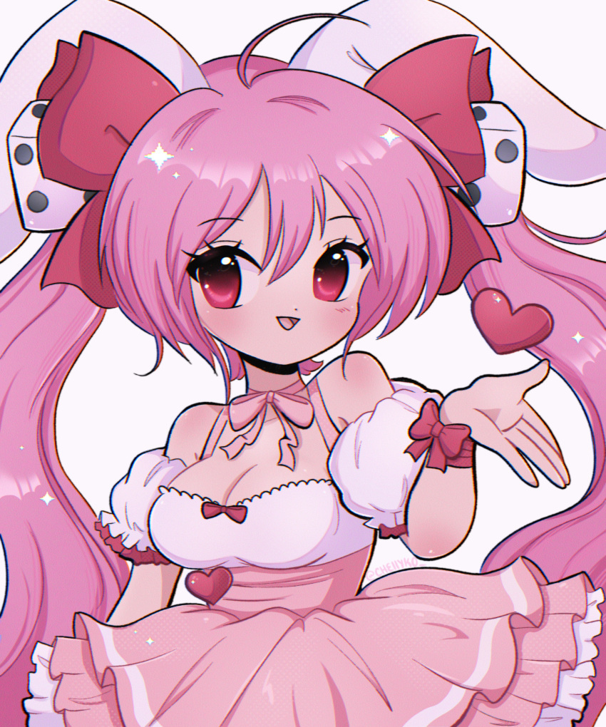 1girl 2000s_(style) :d absurdres ahoge animal_ears bare_shoulders blush bow bow_choker breasts chellyko cleavage detached_sleeves di_gi_charat dice dice_hair_ornament dot_nose eyelashes floating_hair frilled_skirt frills hair_bow hair_ornament heart highres layered_skirt long_bangs long_hair looking_at_viewer medium_breasts miniskirt open_mouth pink_background pink_bow pink_eyes pink_hair pink_theme puffy_detached_sleeves puffy_sleeves rabbit_ears red_bow shirt simple_background skirt sleeveless sleeveless_shirt smile solo sparkle tongue twintails upper_body usada_hikaru very_long_hair white_shirt white_sleeves wrist_bow