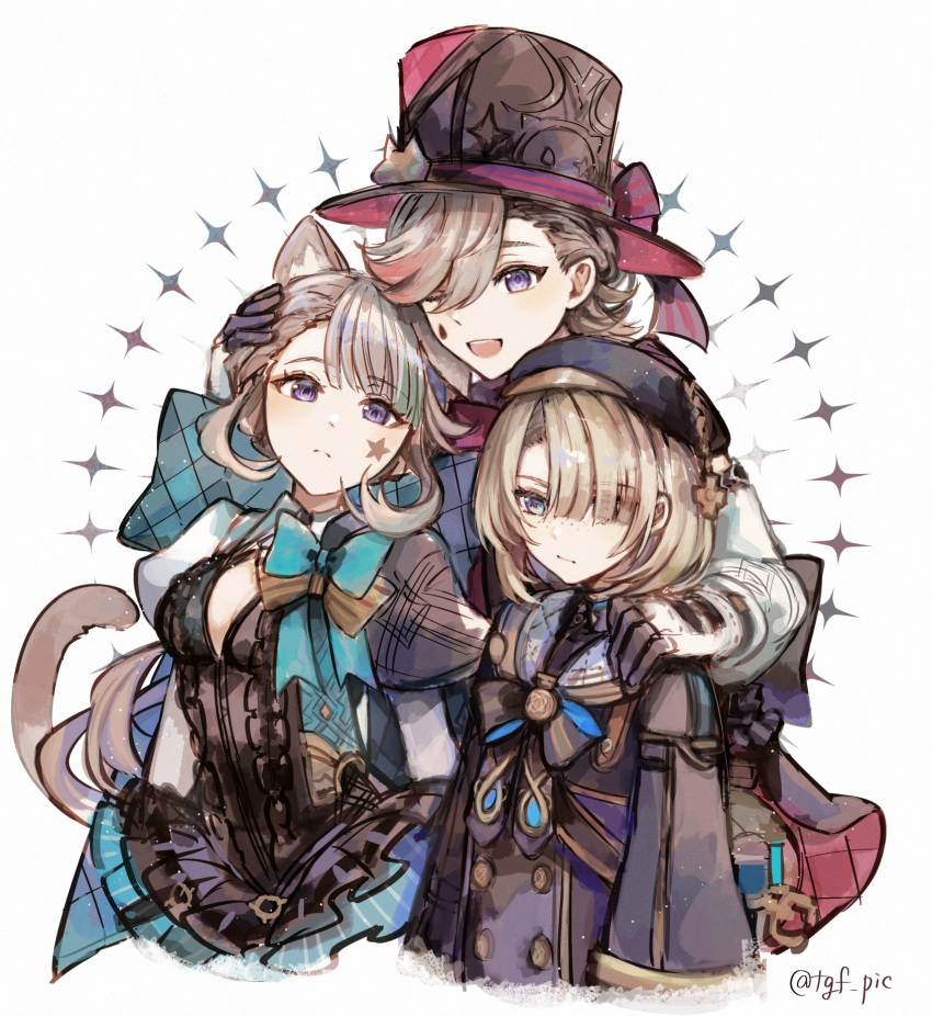 1girl 2boys :&lt; :d animal_ear_fluff animal_ears artist_name beret black_bow black_bowtie black_gloves black_headwear black_jacket blonde_hair blue_bow blue_bowtie blue_eyes blunt_bangs blush bow bowtie brooch brother_and_sister brothers buttons cat_ears cat_girl cat_tail closed_mouth commentary_request expressionless eyelashes eyes_visible_through_hair facial_mark freckles freminet_(genshin_impact) frown genshin_impact gloves grey_hair hair_behind_ear hair_between_eyes hair_over_one_eye hand_on_another's_head hand_on_another's_shoulder hat highres jacket jewelry juliet_sleeves long_hair long_sleeves looking_at_viewer low_ponytail lynette_(genshin_impact) lyney_(genshin_impact) multiple_boys one_eye_closed open_mouth parted_bangs ponytail puffy_sleeves purple_eyes short_hair shrug_(clothing) siblings simple_background smile star_(symbol) star_facial_mark swept_bangs tail teardrop_facial_mark teeth tgf_pic top_hat twitter_username two-tone_gloves upper_teeth_only white_background white_gloves wide_sleeves