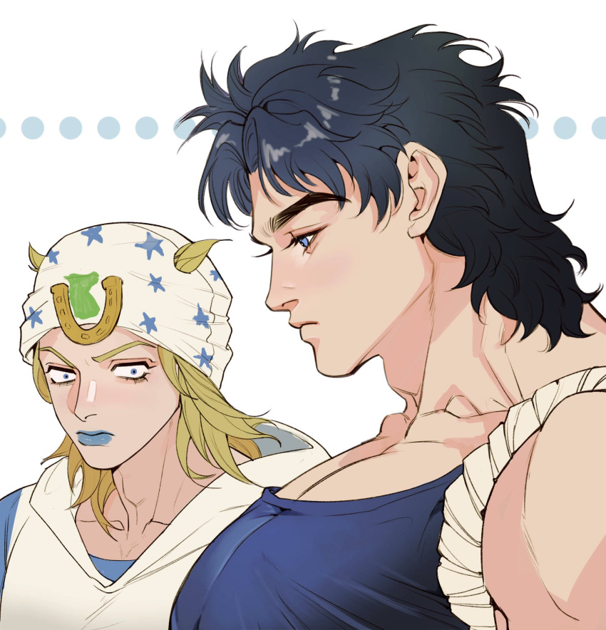 ... 2boys black_hair blonde_hair blue_eyes blue_lips bursting_pectorals from_side hat highres johnny_joestar jojo_no_kimyou_na_bouken jonathan_joestar large_pectorals looking_at_another looking_at_pectorals looking_down male_focus meme mullet multiple_boys muscle_envy muscular muscular_male name_connection pectoral_cleavage pectoral_envy_(meme) pectoral_focus pectorals phantom_blood spadelake staring steel_ball_run