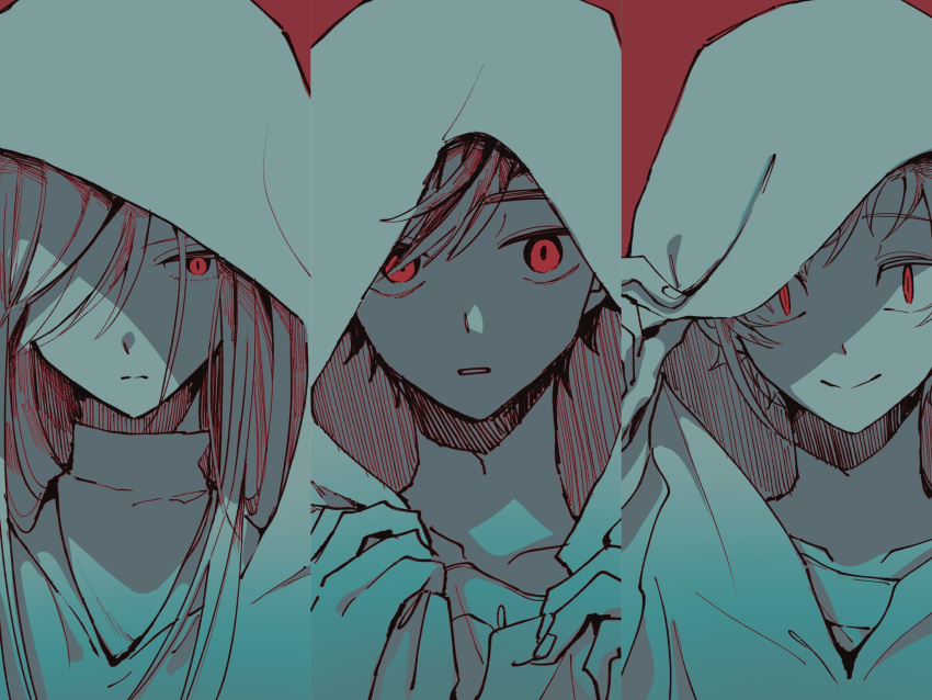 1girl 2boys adjusting_hood arm_up closed_mouth collarbone fingernails hair_between_eyes hair_over_one_eye hatching_(texture) highres hood hood_up kagerou_project kano_shuuya kido_tsubomi linear_hatching long_hair looking_at_viewer mokemoke_chan multiple_boys one_eye_covered parted_lips partially_colored portrait red_background red_eyes sanpaku serious seto_kousuke shirt short_hair side-by-side simple_background slit_pupils smile straight-on turtleneck