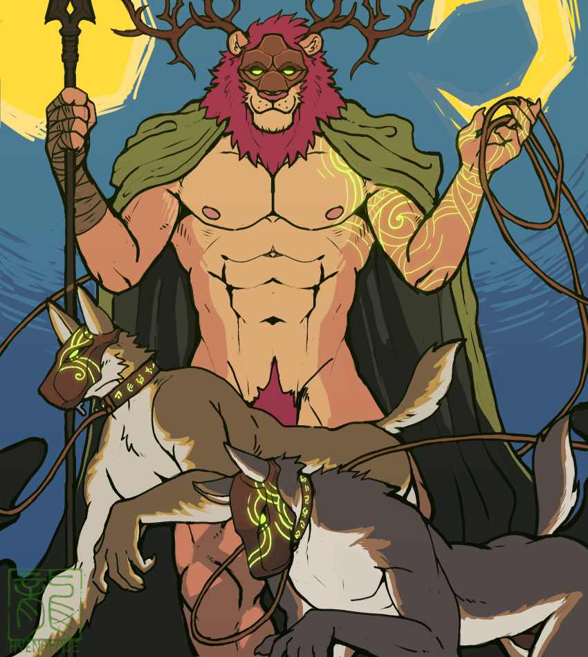 abs all_fours animal_mask anthro antlers body_hair canid canine canis cloak_only collar felid glowing glowing_eyes glowing_markings glowing_runes group happy_trail hi_res holding_leash holding_object holding_spear holding_weapon horn hyenaface leash leashed_collar lion looking_at_viewer male male/male mammal markings mask melee_weapon mind_control muscular muscular_anthro muscular_male nipples outside pantherine pecs petplay polearm pup_mask roleplay runes spear trio weapon wolf