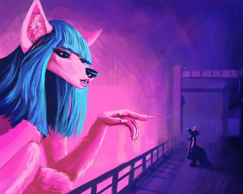 ambiguous_gender anthro blade_runner_2049 blue_hair canid canine duo fur hair hi_res hologram macro mammal night pink_body pink_fur wet_soc