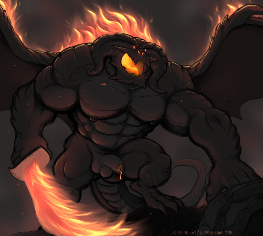 2_horns 3_toes 4_fingers abs absurd_res anthro balls balrog_(the_lord_of_the_rings) biceps black_body black_nipples black_skin bodily_fluids chest_scar demon dudebulge feet fingers fire fire_sword genital_fluids genitals glowing glowing_mouth hi_res holding_object holding_sword holding_weapon horn j._r._r._tolkien long_tail male melee_weapon middle-earth_(tolkien) muscular muscular_anthro muscular_male nipples non-mammal_balls non-mammal_nipples nude open_mouth orange_eyes penis precum scar solo sword tail the_lord_of_the_rings toes weapon wings