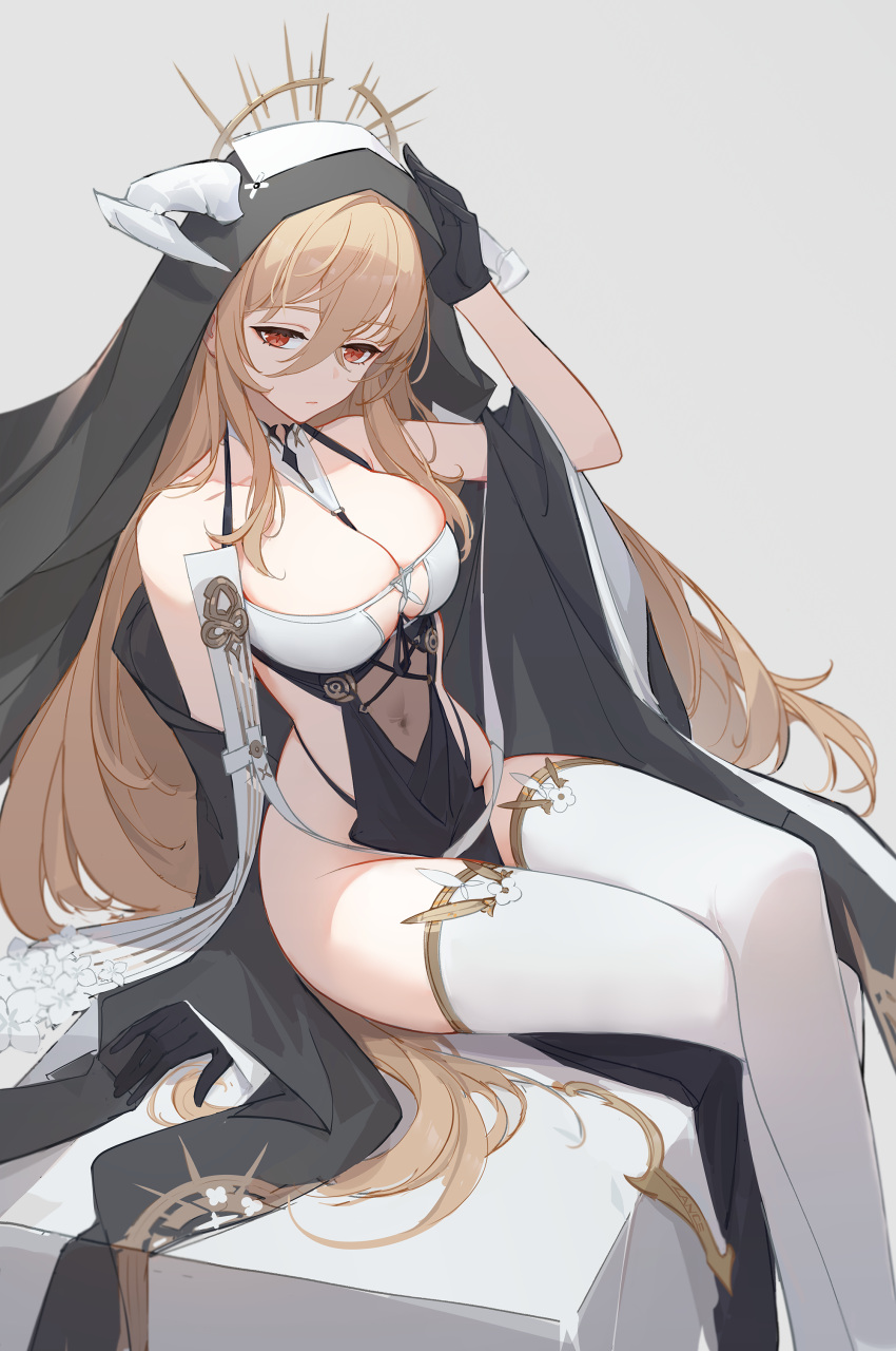 1girl absurdres arm_support arm_up azur_lane bare_shoulders between_breasts black_gloves blonde_hair breasts cleavage cleavage_cutout closed_mouth clothing_cutout covered_navel crossed_legs expressionless gloves gold_trim hair_between_eyes halterneck highres horns implacable_(azur_lane) lance_(lancelliu) large_breasts long_hair looking_at_viewer no_panties off_shoulder pelvic_curtain red_eyes revealing_clothes sideless_outfit sitting skindentation solo thighhighs thighs veil very_long_hair white_thighhighs