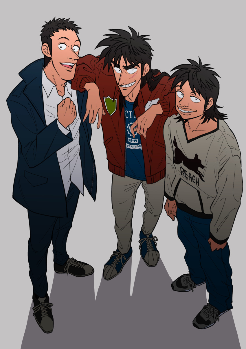 3boys absurdres arm_on_shoulder black_eyes black_footwear black_hair blue_footwear blue_jacket blue_pants blue_shirt brown_jacket chang_bowen commentary_request fukumoto_nobuyuki_(style) full_body grey_footwear grey_shirt grin highres itou_kaiji jacket kaiji long_hair long_sleeves looking_at_viewer male_focus mario_garcia medium_bangs multiple_boys official_style open_clothes open_jacket open_mouth pants parody pointy_nose scar scar_on_cheek scar_on_face shirt shoes short_bangs short_hair smile sneakers standing style_parody undershirt usarinko v-neck very_short_hair