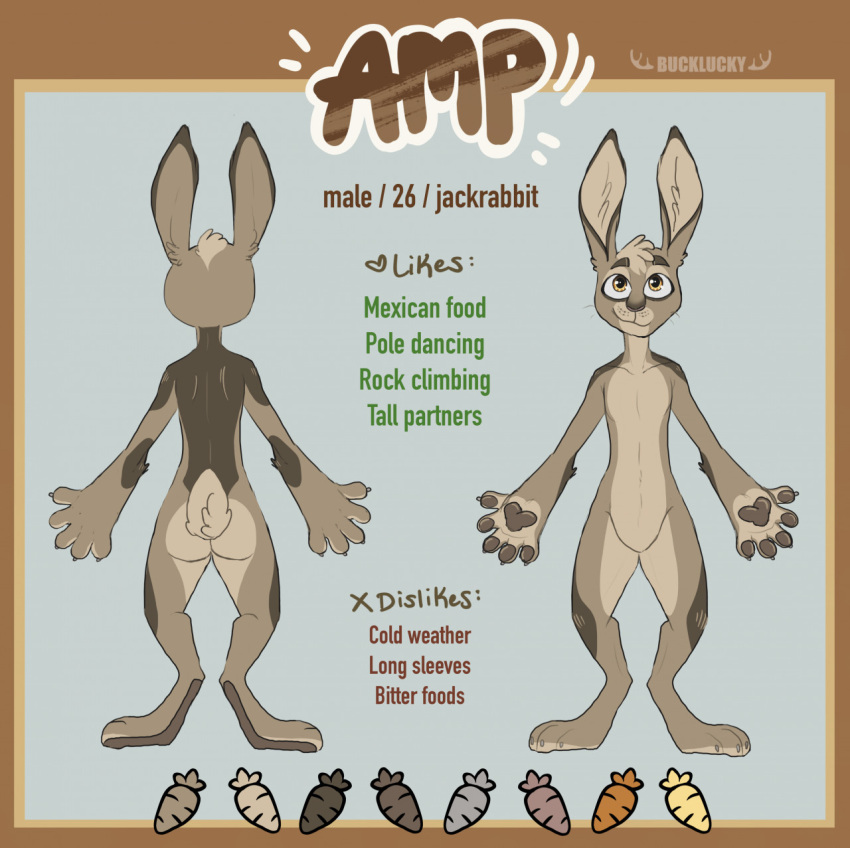 anthro artist_name brown_body brown_fur bucklucky butt closed_smile color_swatch featureless_crotch front_view fur glistening glistening_eyes hi_res lagomorph leporid long_ears male mammal model_sheet mouth_closed nude orange_eyes rabbit rear_view scut_tail short_tail solo standing tail tan_body tan_fur