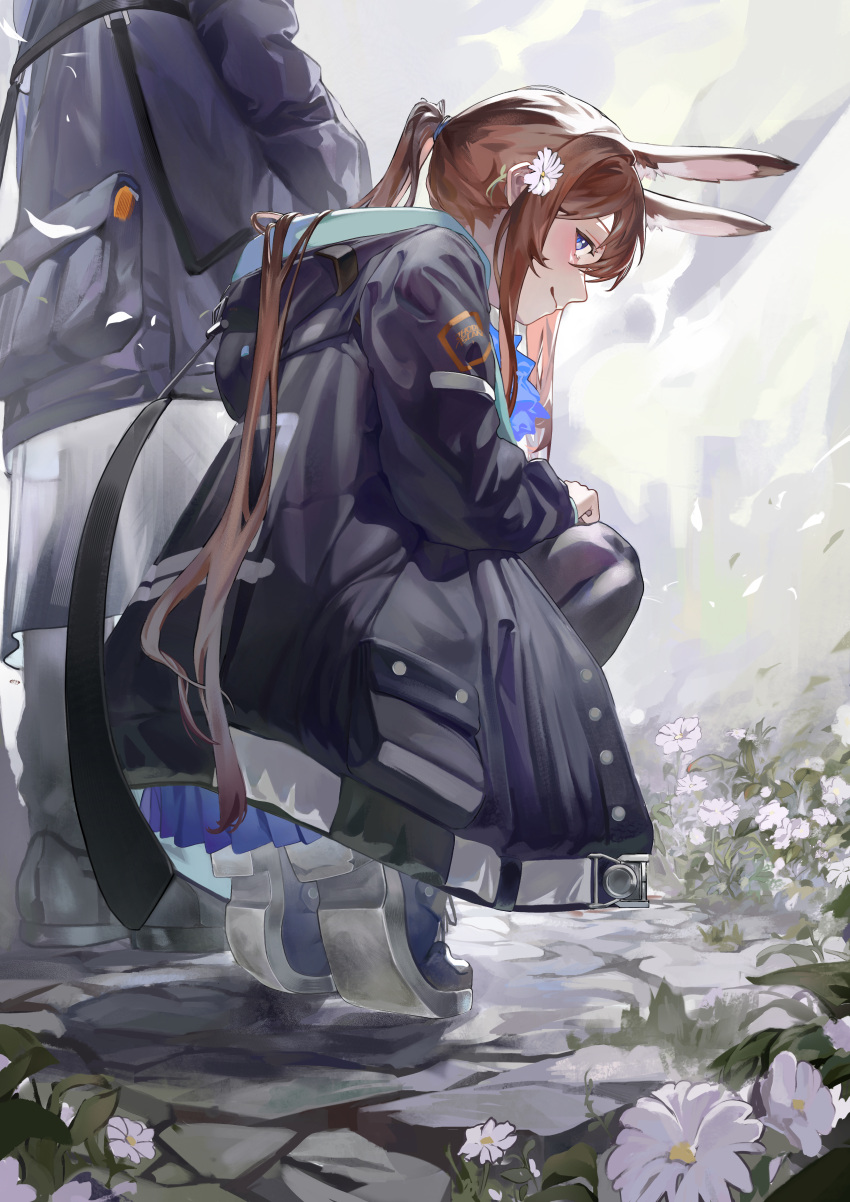 1girl 1other absurdres ambiguous_gender amiya_(arknights) animal_ear_fluff animal_ears arknights ascot bag black_jacket black_pants blue_ascot blue_footwear blue_skirt blush bounsies brown_hair crack cracked_floor daisy doctor_(arknights) extra_ears flower hair_flower hair_ornament head_out_of_frame highres hood hooded_jacket jacket long_hair looking_at_viewer looking_back outdoors pants pleated_skirt rabbit_ears rabbit_girl shoes skirt smile sneakers squatting very_long_hair white_flower