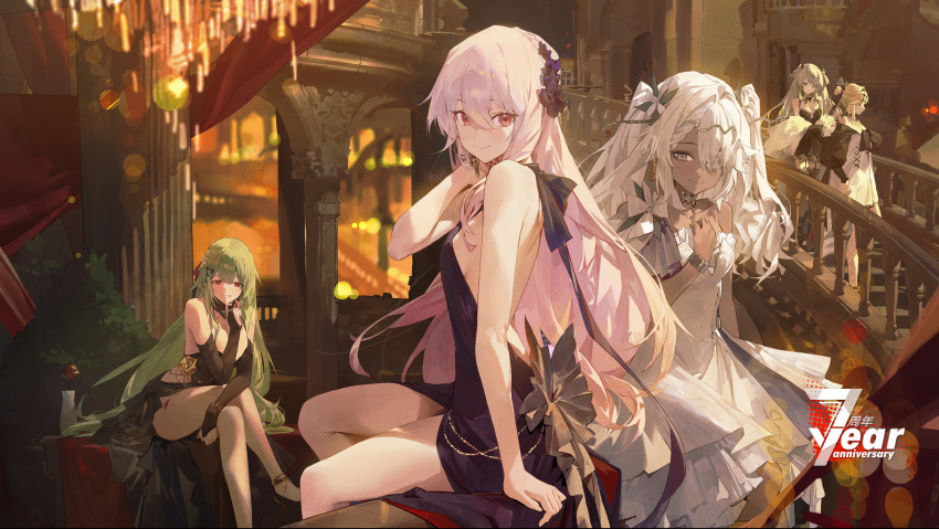 5girls absurdres anniversary back backless_dress backless_outfit bare_legs black_dress blonde_hair breasts character_request cocktail_dress dark_skin dress evening_gown flower from_side girls'_frontline green_hair grey_hair hair_flower hair_ornament halter_dress halterneck highres indoors long_hair looking_at_viewer looking_to_the_side multiple_girls official_art official_wallpaper pink_hair sideboob sitting sleeveless sleeveless_dress stairs turning_head twintails white_dress white_hair