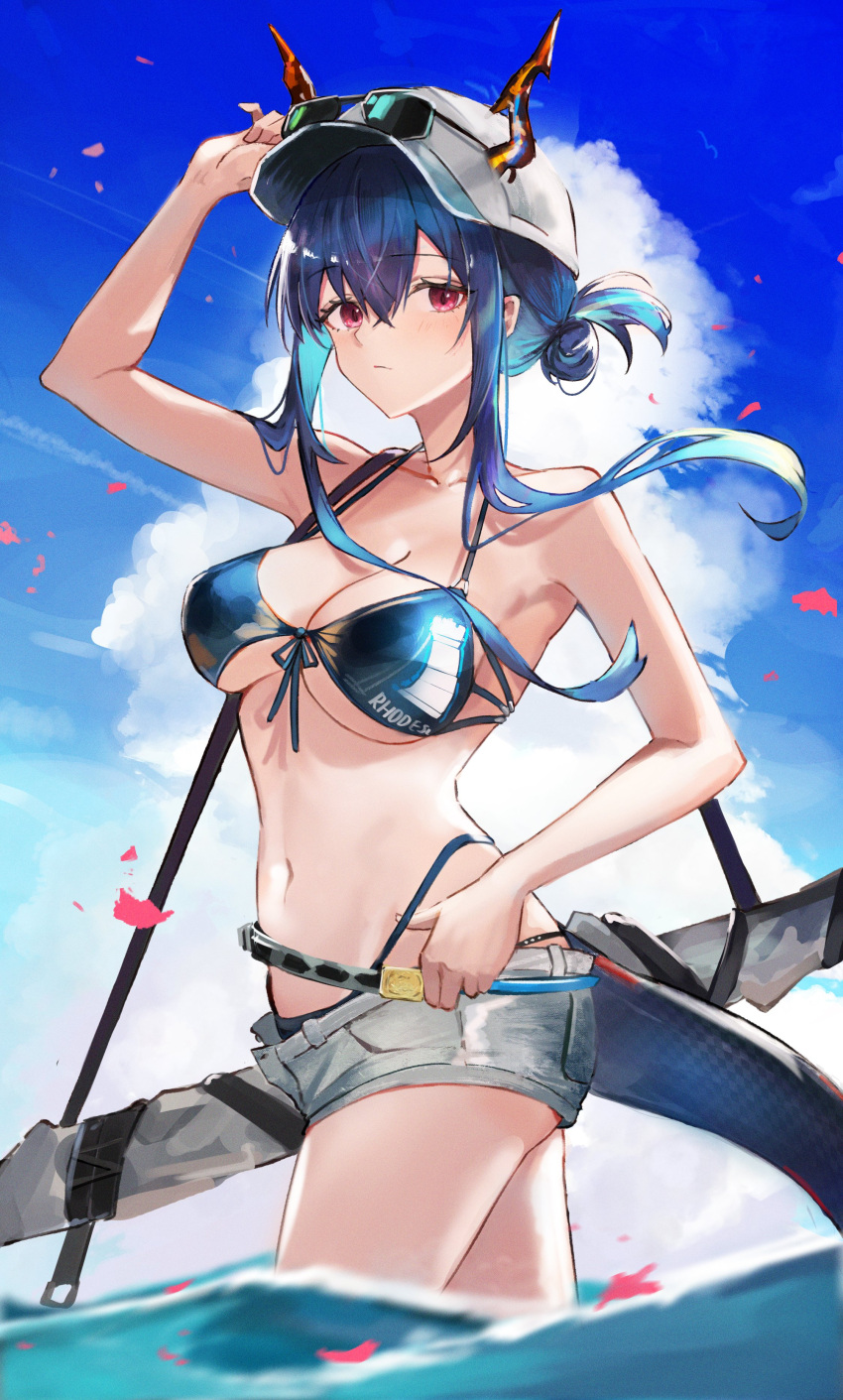 1girl absurdres arknights bare_arms bare_shoulders baseball_cap bikini blue_bikini blue_hair blue_sky breasts ch'en_(arknights) ch'en_the_holungday_(arknights) cloud commentary_request day dragon_horns dragon_tail ema_(kuguiema) grey_shorts hat highres horns large_breasts long_hair navel red_eyes short_shorts shorts sky solo standing stomach swimsuit tail thighs wading white_headwear