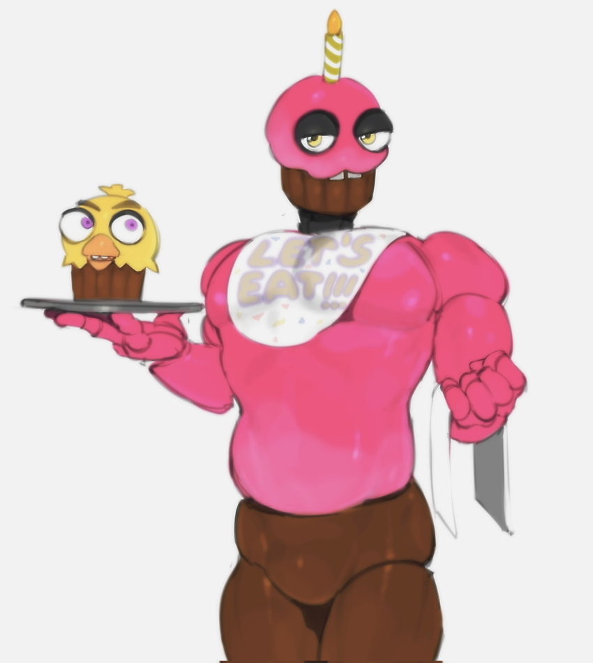 ambiguous_gender animatronic avian beak bib bird candle chica_(fnaf) chicken clothing cupcake_(fnaf) duo eyebrows five_nights_at_freddy's food food_creature galliform gallus_(genus) glistening glistening_body hi_res humanoid joints kogito lidded_eyes machine male phasianid pink_body plate robot scottgames text text_on_clothing