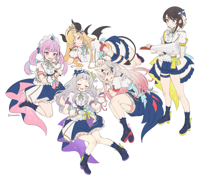 5girls ahoge black_hair blonde_hair blue_hair blue_shorts blue_skirt boots bow demon_horns demon_tail drawing_on_another's_face gradient_hair grey_hair hair_bow hand_fan harisen hololive hololive_idol_uniform_(bright) horns long_hair maid_headdress minato_aqua multicolored_hair multiple_girls murasaki_shion nakiri_ayame oni_horns oozora_subaru purple_hair shorts skirt tail twintails twitter_username vinhnyu virtual_youtuber white_background wrist_cuffs yuzuki_choco