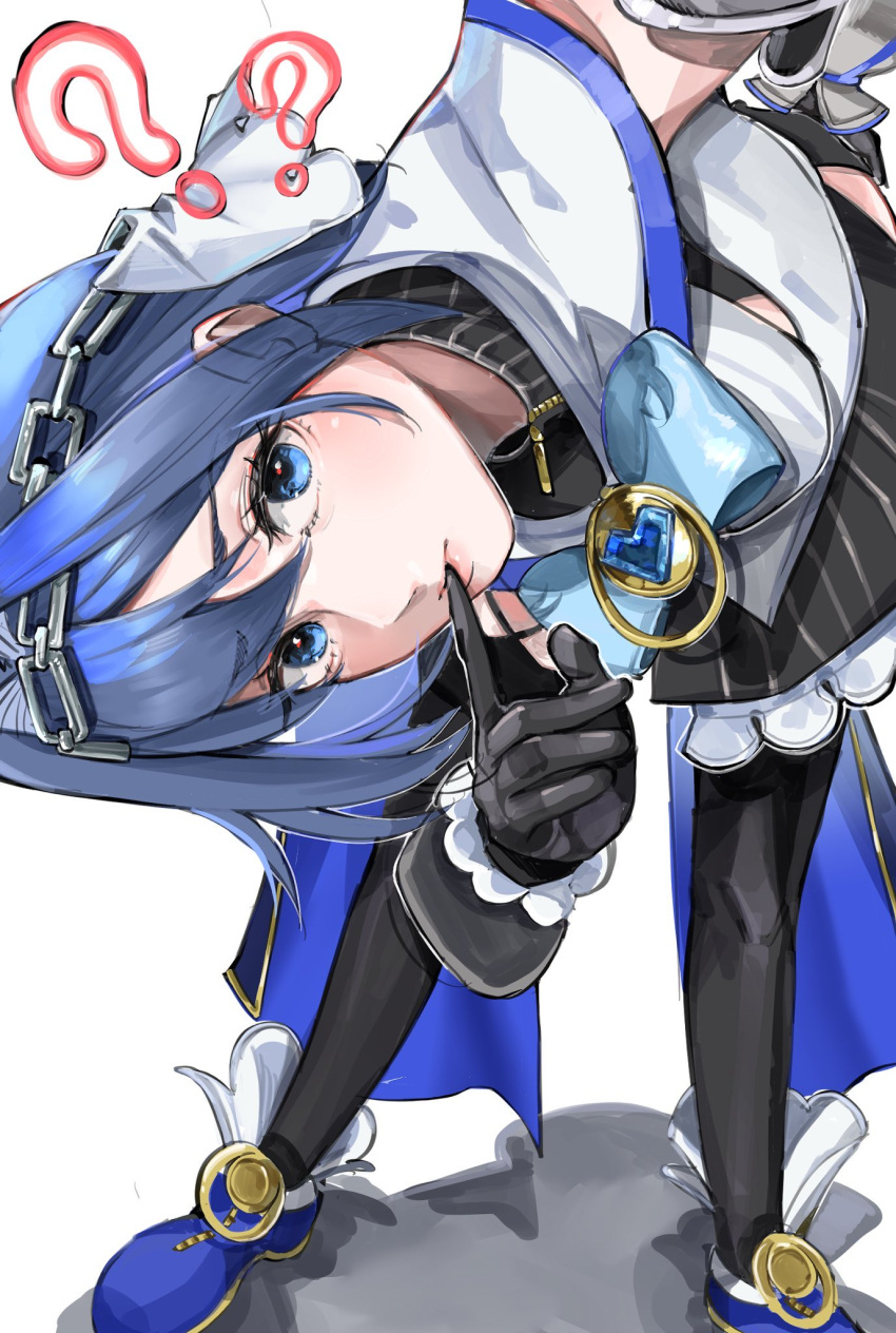 1girl ? black_gloves black_thighhighs blue_bow blue_cape blue_eyes blue_footwear blue_hair blue_ribbon bow breasts cape chain chain_headband clothing_cutout collar detached_sleeves gloves hair_between_eyes hair_intakes hand_on_own_ass heart highres hololive hololive_english jewelry juliet_sleeves large_breasts leaning_forward long_sleeves looking_at_viewer micro_shorts miniskirt ouro_kronii ouro_kronii_(1st_costume) puffy_sleeves punapple ribbon shirt short_hair shorts signature skirt sleeveless sleeveless_shirt sleeveless_turtleneck solo thighhighs turtleneck underboob underboob_cutout veil virtual_youtuber yellow_footwear