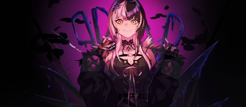 1girl black_choker black_hair black_nails breasts chest_belt choker cleavage coat fingerless_gloves fur-trimmed_coat fur_trim gloves gothic highres hololive hololive_english lace lace-trimmed_choker lace_choker lace_trim large_breasts long_hair looking_at_viewer lupo_(lupoyorosiku) multicolored_hair shiori_novella smile solo split-color_hair two-tone_hair virtual_youtuber white_hair yellow_eyes