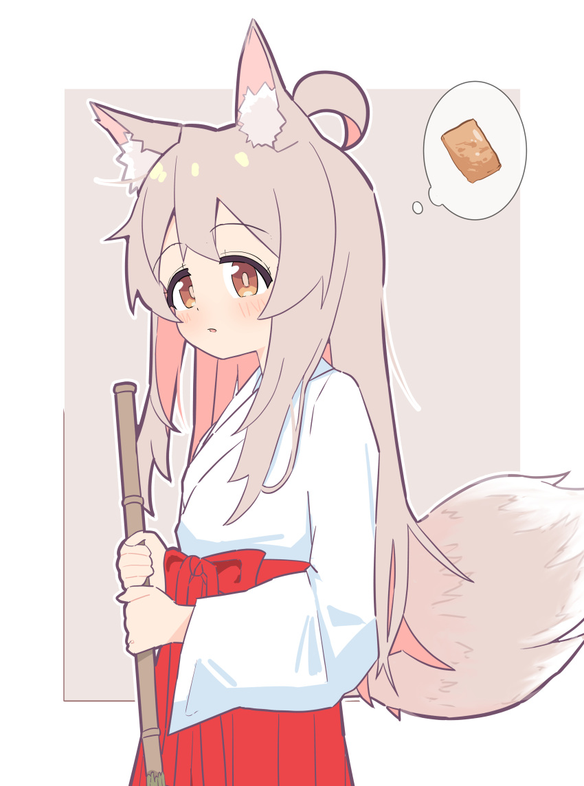 1girl absurdres ahoge animal_ear_fluff animal_ears bamboo_broom blush broom fox_ears fox_tail genderswap genderswap_(mtf) highres holding holding_broom japanese_clothes long_sleeves miko onii-chan_wa_oshimai! orange_eyes oyama_mahiro pink_hair solo tail thinking yama_h15