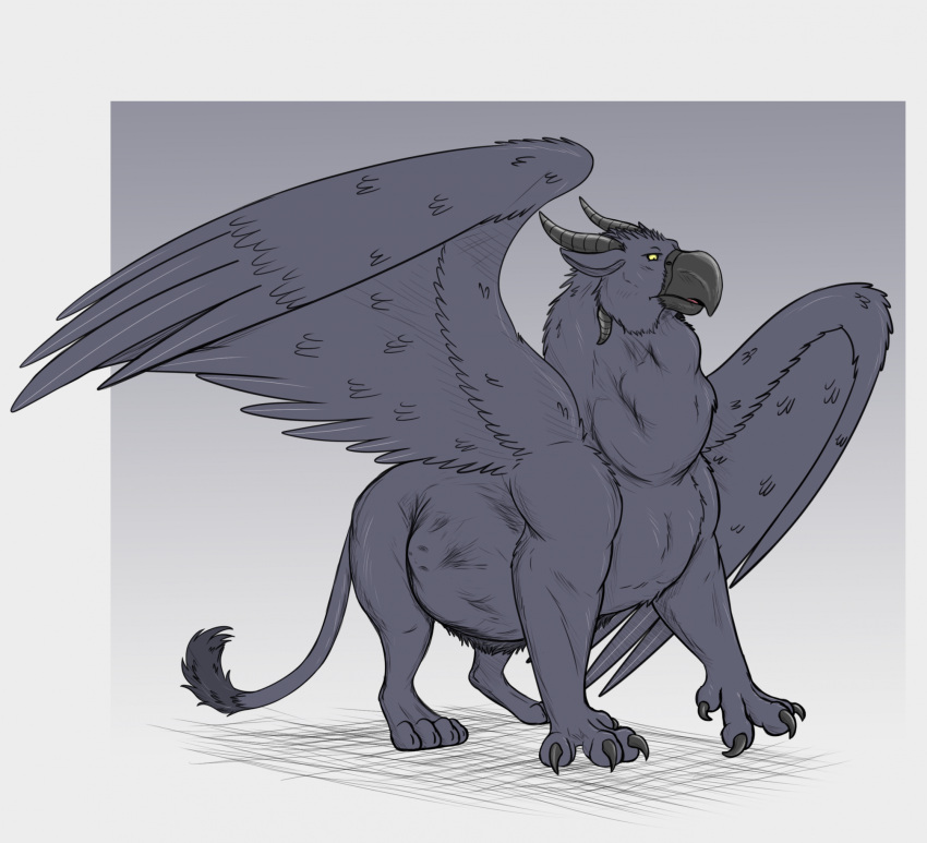 abdominal_bulge after_vore avian beak black_body black_fur elkuernoz feral feral_pred fur gryphon gryphon_pred hi_res horn male male_pred mythological_avian mythology neck_bulge quadruped simple_background thatgryphonguy unwilling_prey vore wings