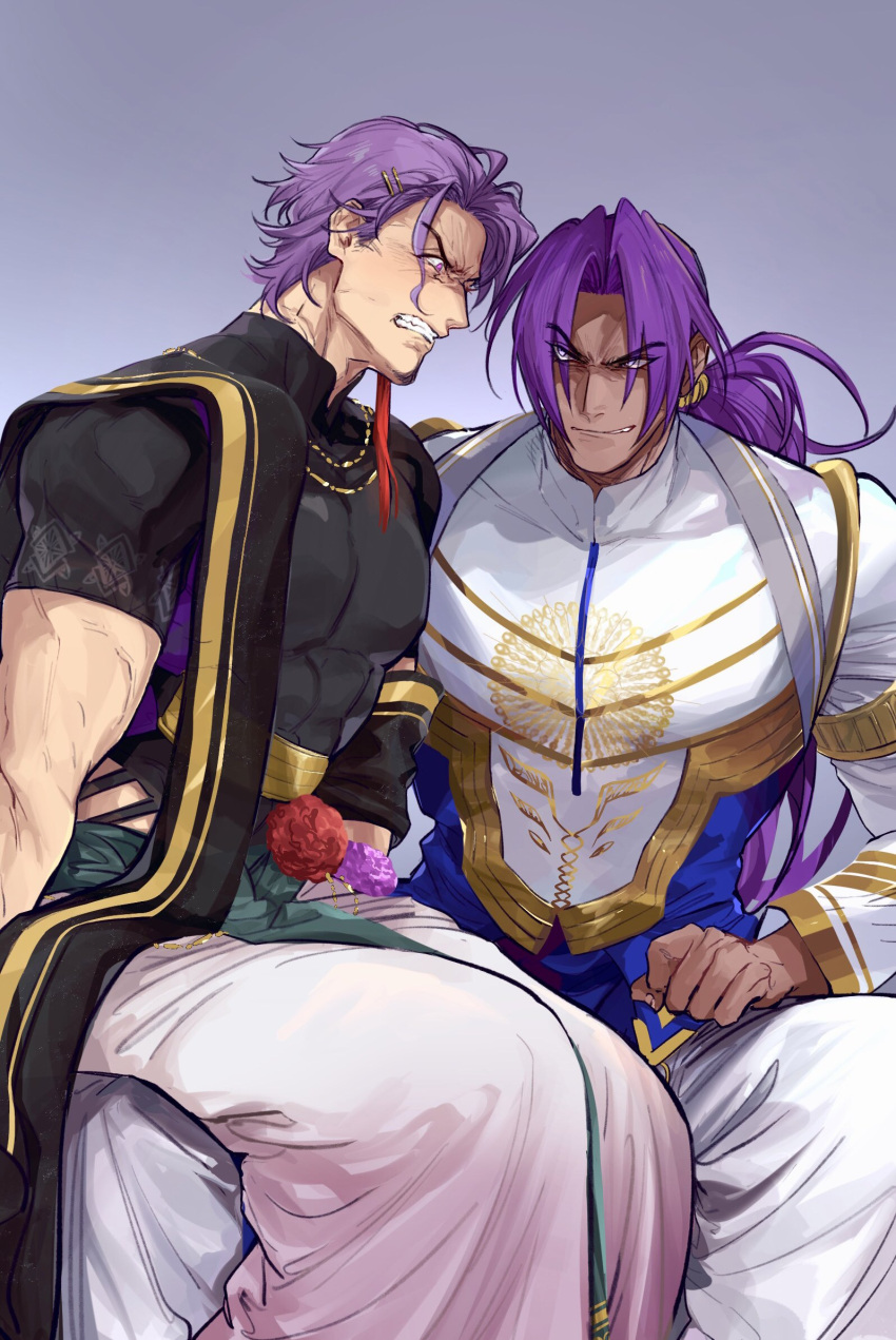 2boys bara bhima_(fate) bhima_(second_ascension)_(fate) brothers cropped_shirt dark-skinned_male dark_skin duryodhana_(fate) facial_hair fate/grand_order fate_(series) feet_out_of_frame fighting flower glaring goatee grin highres huge_pectorals large_pectorals long_hair male_focus multiple_boys muscular muscular_male pectorals ponytail purple_hair short_hair siblings sitting smile veins veiny_arms washblackmud