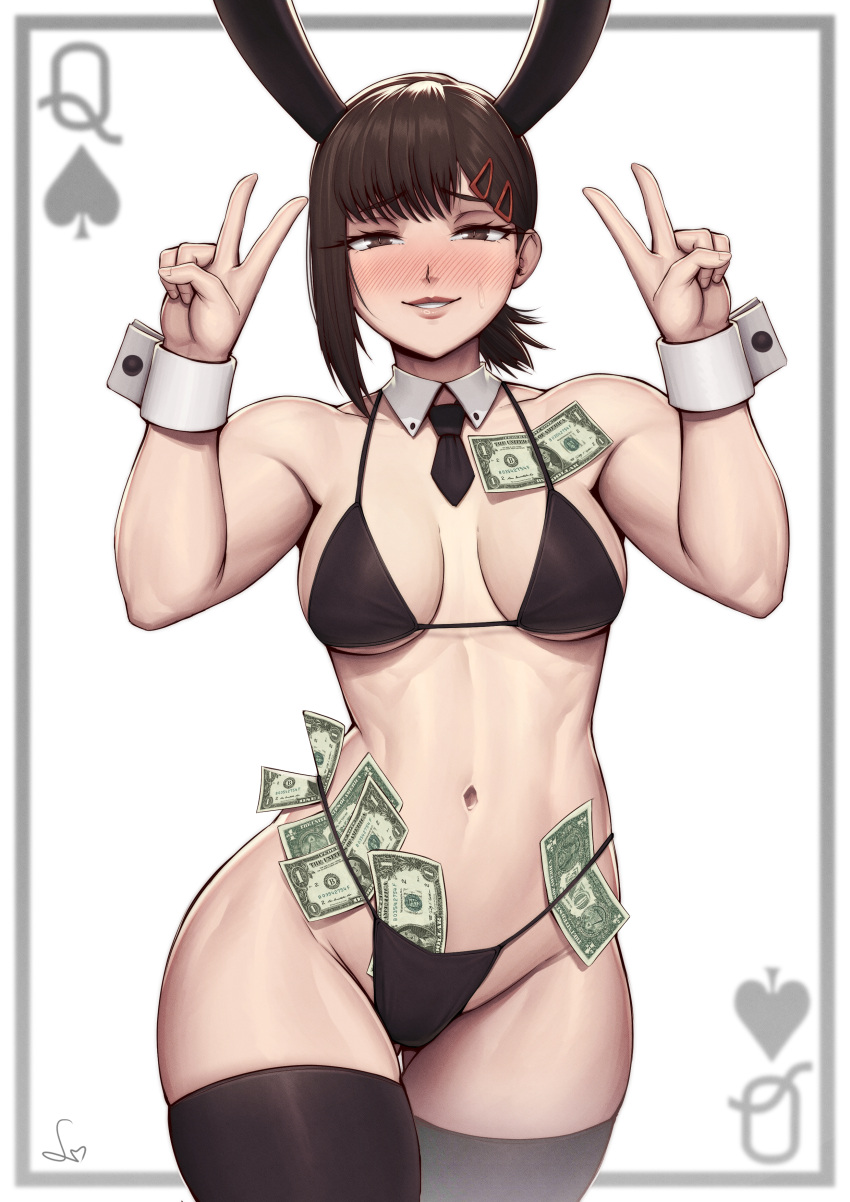 1girl abs absurdres animal_ears ass_visible_through_thighs banknote bikini black_bikini black_necktie black_thighhighs breasts brown_eyes brown_hair chainsaw_man detached_collar dollar_bill double_v higashiyama_kobeni highres looking_at_viewer medium_breasts money navel necktie queen_of_spades_symbol rabbit_ears short_necktie solo speedl00ver swimsuit thighhighs toned v