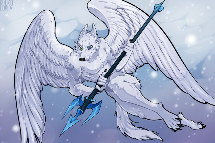 absurd_res anthro black_claws canid canine canis claws domestic_dog full-length_portrait fur heterochromia hi_res husky kolkolukija male mammal melee_weapon nordic_sled_dog polearm portrait sky solo spear spitz weapon white_body white_fur wings