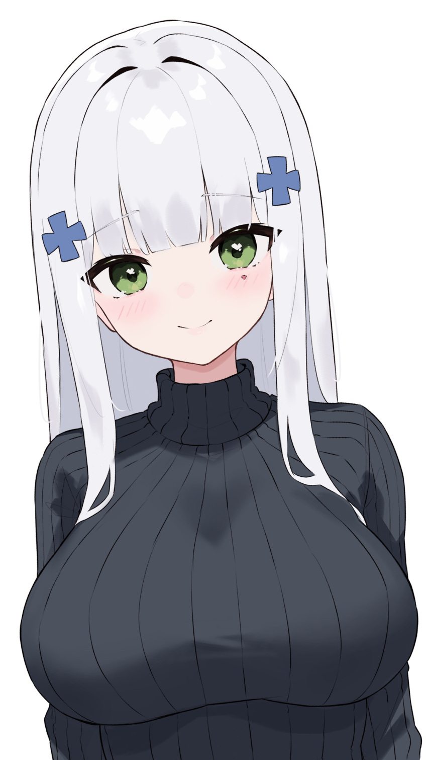 1girl black_sweater blunt_bangs blush breasts cross_hair_ornament girls'_frontline green_eyes hair_ornament heart heart_in_eye hiepita97 highres hk416_(girls'_frontline) impossible_clothes impossible_sweater large_breasts long_hair looking_at_viewer simple_background solo sweater symbol_in_eye upper_body white_background white_hair