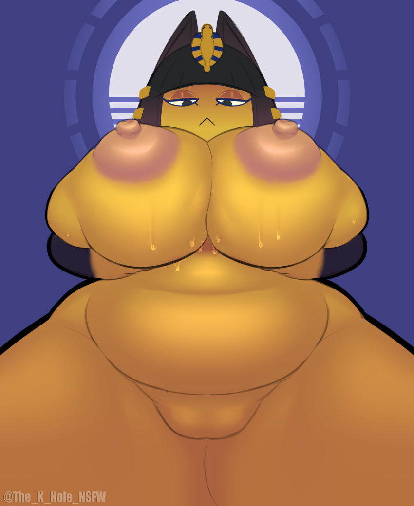 absurd_res animal_crossing ankha_(animal_crossing) anthro belly big_breasts black_eyes black_hair bodily_fluids breast_grab breast_squish breasts domestic_cat dominant dominant_female egyptian erect_nipples eyeshadow felid feline felis female genitals hair hand_on_breast hi_res huge_breasts inviting looking_at_viewer looking_down_at_viewer makeup mammal markings narrowed_eyes nintendo nipples nude puffy_nipples pussy slightly_chubby solo squish sweat sweatdrop sweaty_breasts the_k-hole_(artist) thick_thighs wide_hips yellow_body